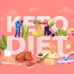 Illustrazione che mostra alimenti per la dieta chetogenica, come carne, pesce, verdure e frutta, con persone che interagiscono con il cibo.