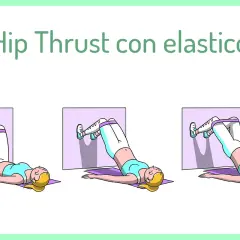 Esercizio Hip Thrust con elastico: tre fasi di un allenamento per glutei e gambe, con una donna che solleva il bacino.