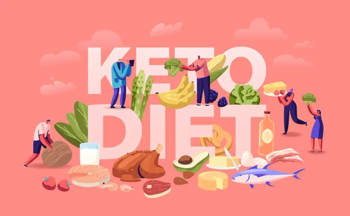 Illustrazione che mostra alimenti per la dieta chetogenica, come carne, pesce, verdure e frutta, con persone che interagiscono con il cibo.