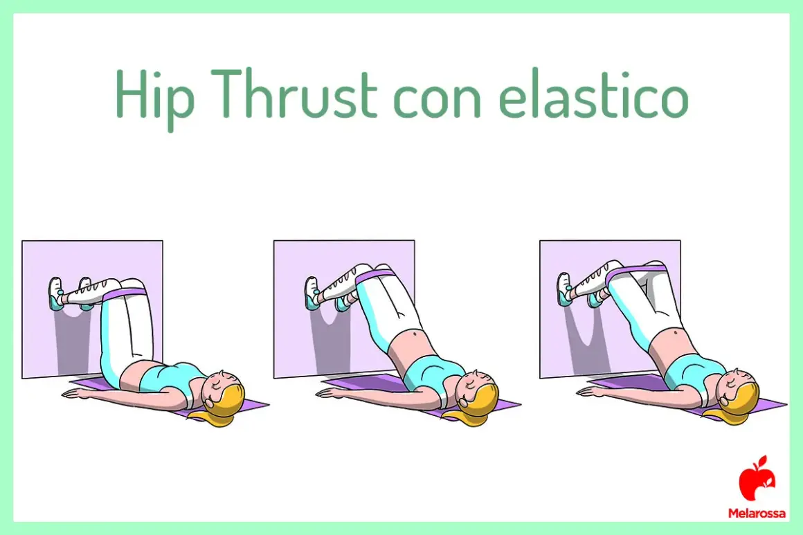 Esercizio Hip Thrust con elastico: tre fasi di un allenamento per glutei e gambe, con una donna che solleva il bacino.