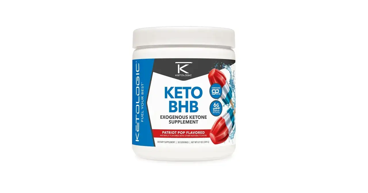 Barattolo di integratore Keto BHB con chetoni esogeni, gusto Patriot Pop, con immagini di ghiaccioli a tema patriottico.